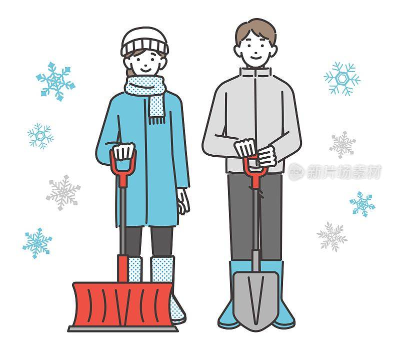 工具，如用于除雪的铲和倾倒工具，以及男性和女性拿着它们的矢量插图材料/雪/冬天/雪乡